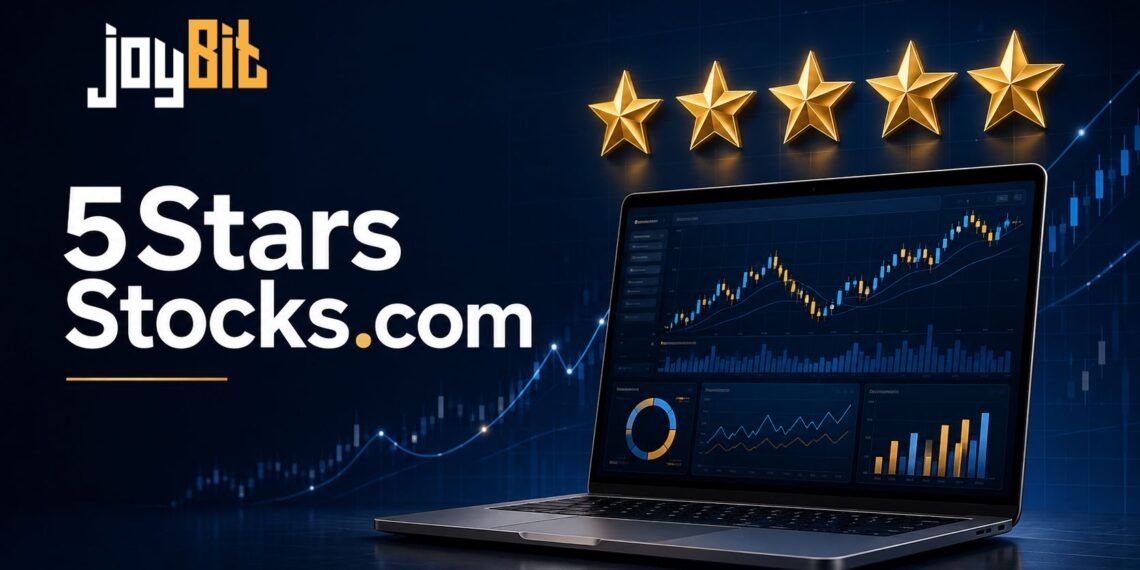 5Stars Stocks.com stock research platform with market charts and five-star rating concept.
