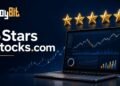 5Stars Stocks.com stock research platform with market charts and five-star rating concept.