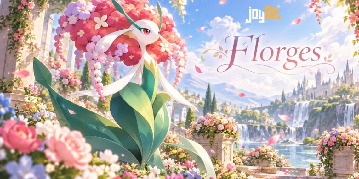 Florges, the Fairy-type Garden Pokémon, surrounded by colourful flowers