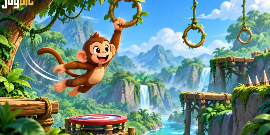 Swing Monkey physics-based browser game showing a cartoon monkey swinging between jungle anchor points.