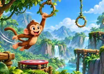 Swing Monkey physics-based browser game showing a cartoon monkey swinging between jungle anchor points.
