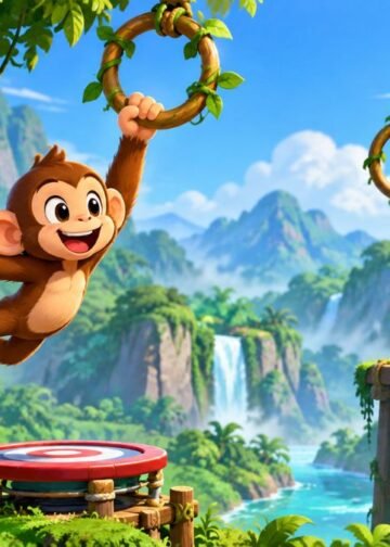 Swing Monkey physics-based browser game showing a cartoon monkey swinging between jungle anchor points.