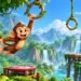 Swing Monkey physics-based browser game showing a cartoon monkey swinging between jungle anchor points.